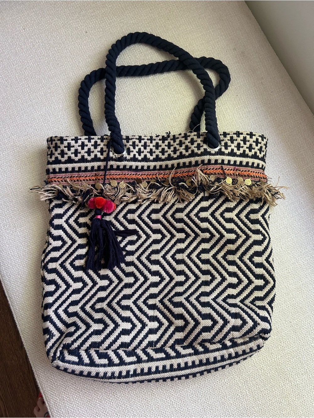 C&C California Bag Tote Woven Jute Boho Shoulder Fringe Navy Cream Coins Hippie